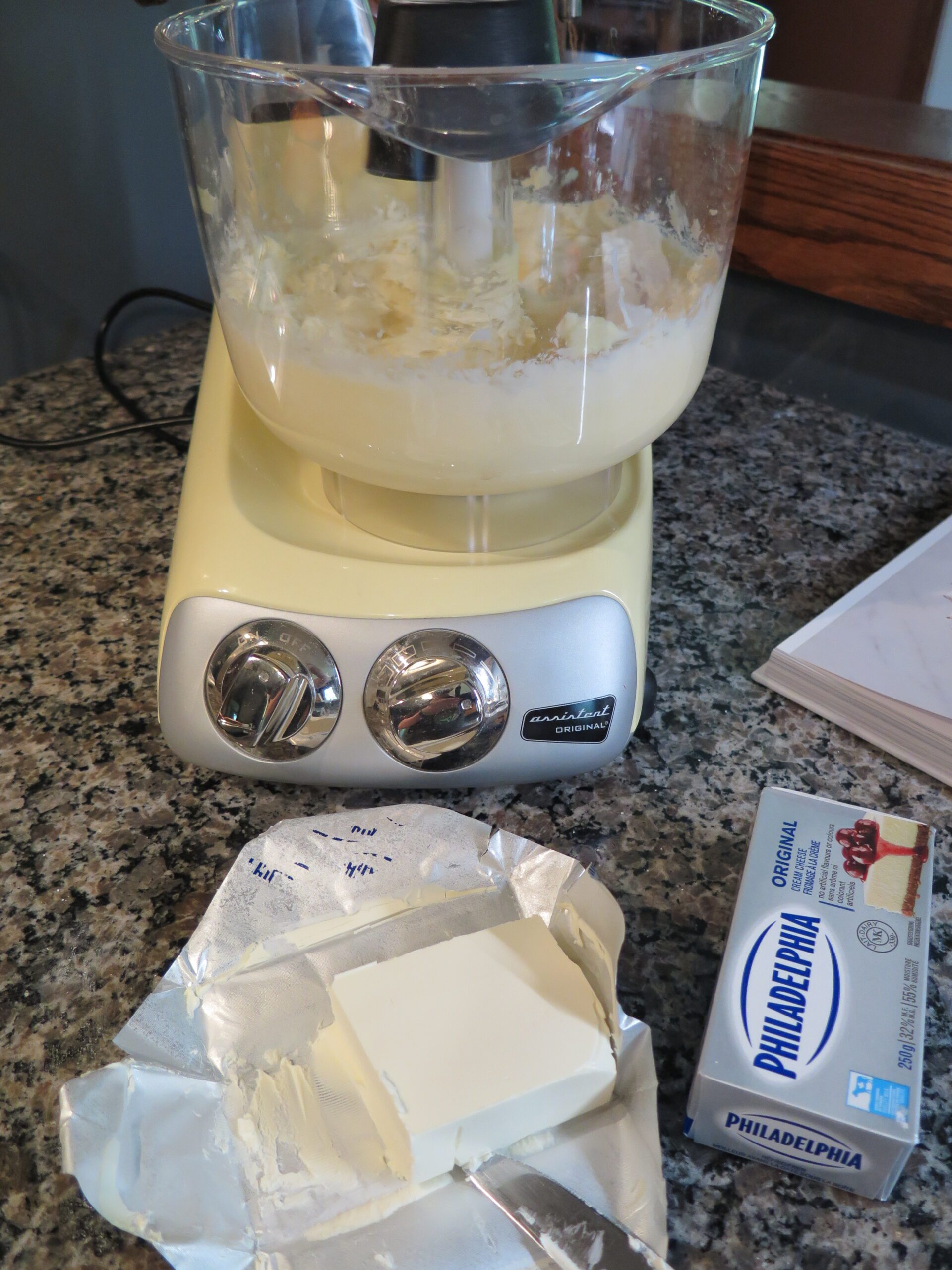 Cream cheese added to whipped butter in ankarsrum mixer