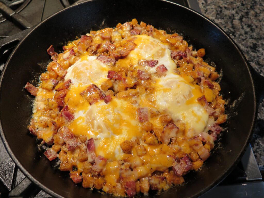 Melted cheese on your breakfast skillet