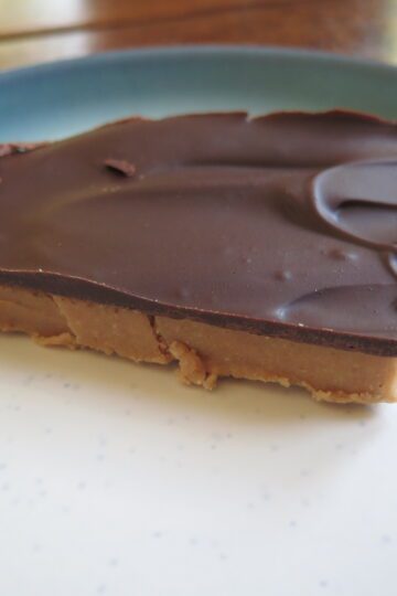 Square of peanut butter bars with chocolate top