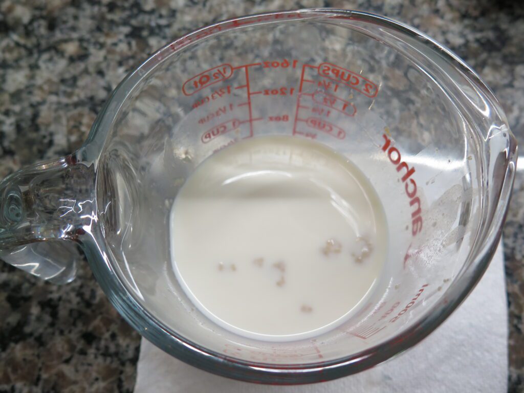 Yeast in milk in glass measuring cup