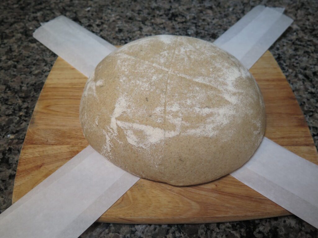 rye bread dough with banneton removed