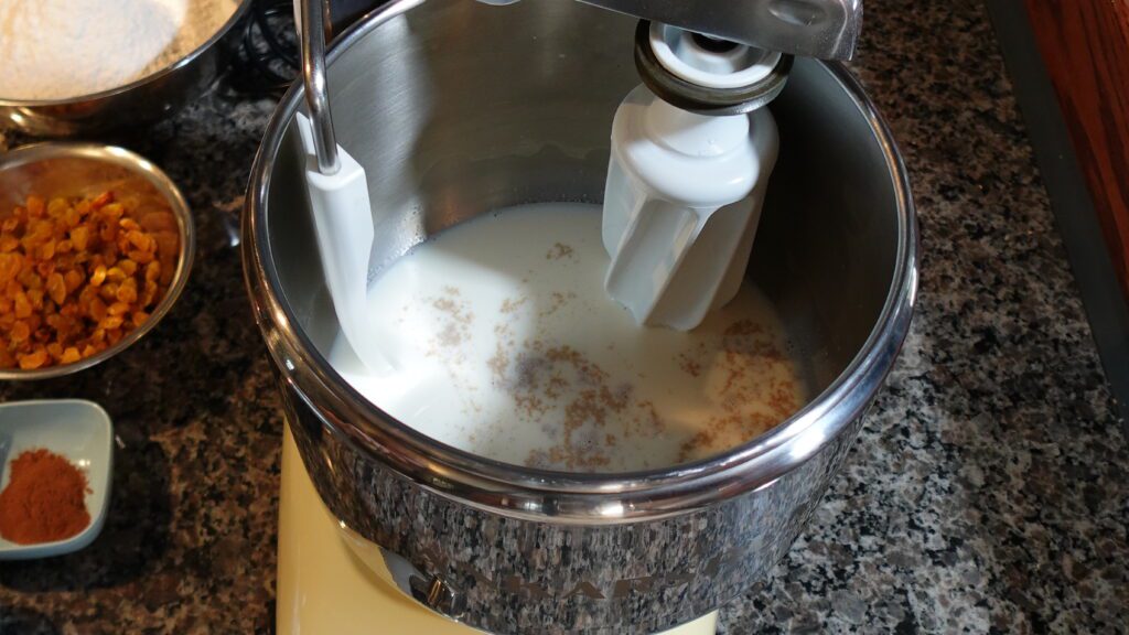 Milk sugar and yeast in mixer